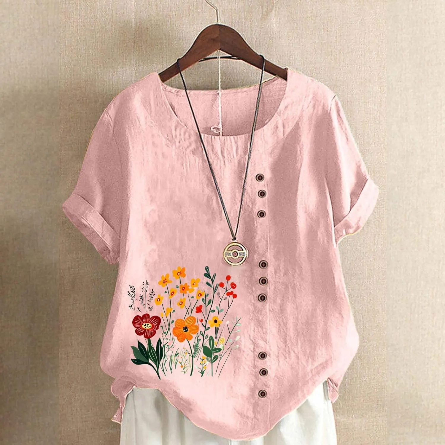 Women's Linen Button Down Shirts Plus Size Tops Floral Print Summer Blouses Comfy Casual Tunic Tops Loose Fit Tshirts