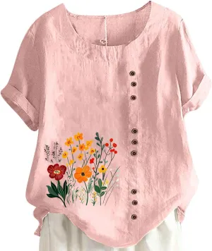 Women's Linen Button Down Shirts Plus Size Tops Floral Print Summer Blouses Comfy Casual Tunic Tops Loose Fit Tshirts