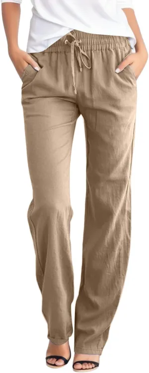 Womens Linen Pants High Waisted Casual Pants Straight Leg Drawstring Pants with Pockets Summer Beach Palazzo Pants Trousers