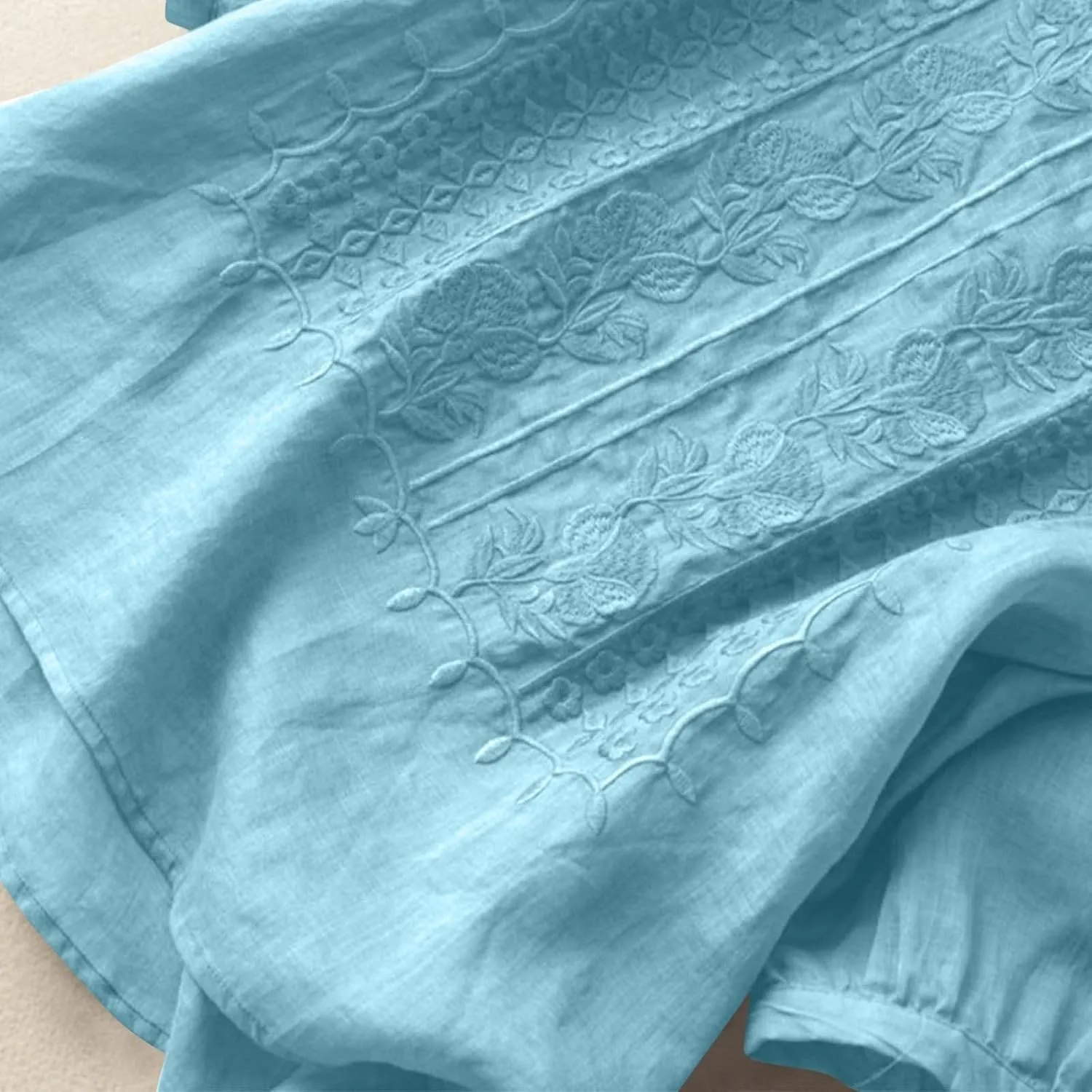 Women's Linen Tops Bohemian Short Sleeve Shirts Summer Loose Crewneck Casual Vintage Embroidered Blouse Tops