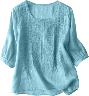 Women's Linen Tops Bohemian Short Sleeve Shirts Summer Loose Crewneck Casual Vintage Embroidered Blouse Tops