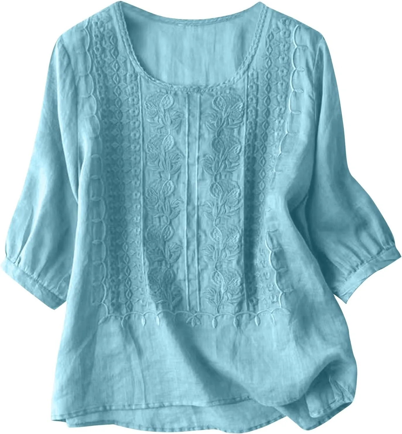 Women's Linen Tops Bohemian Short Sleeve Shirts Summer Loose Crewneck Casual Vintage Embroidered Blouse Tops