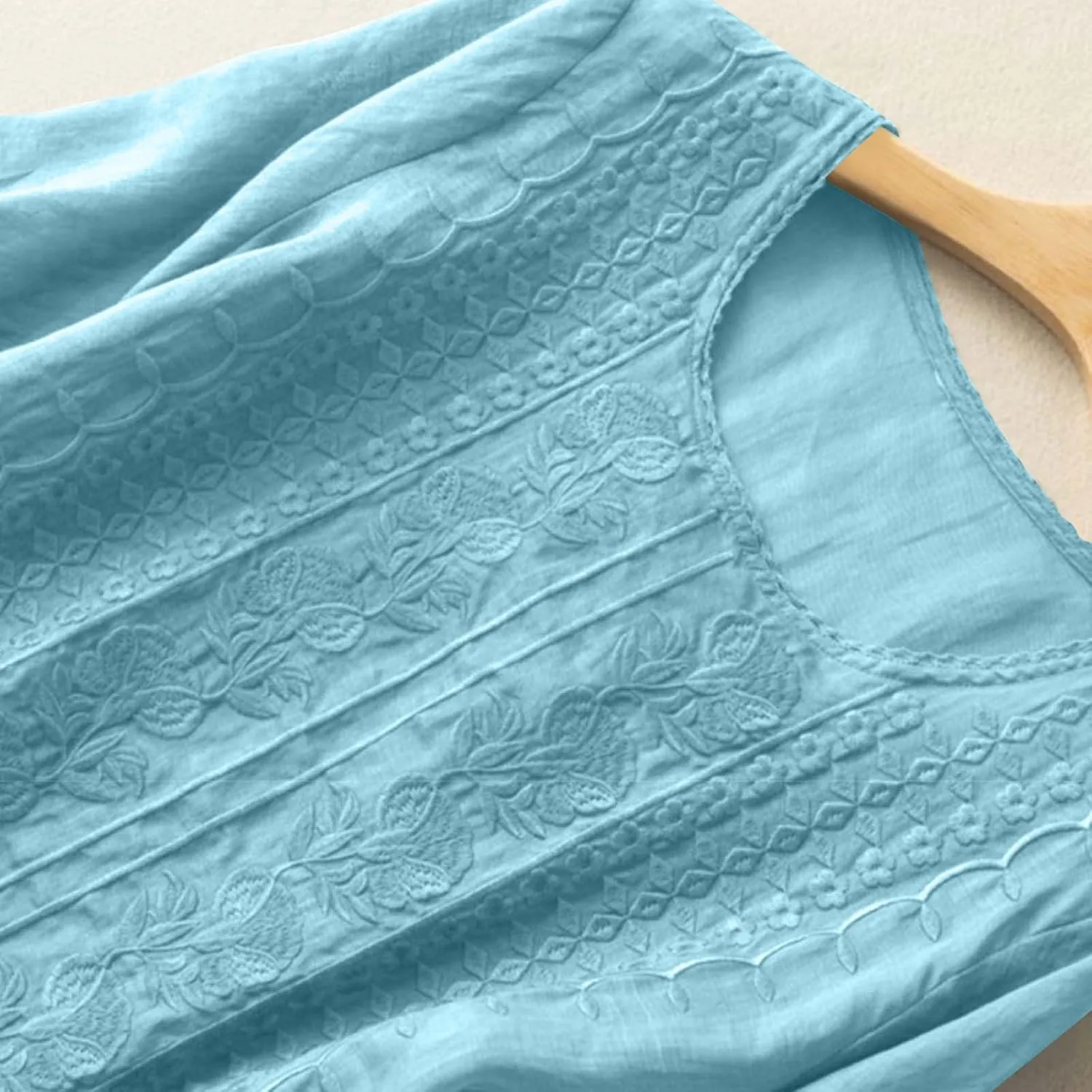 Women's Linen Tops Bohemian Short Sleeve Shirts Summer Loose Crewneck Casual Vintage Embroidered Blouse Tops