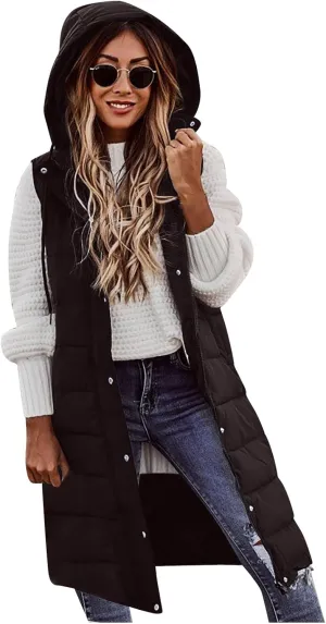 Women's Long Vest Sleeveless Lightweight Puffer Jacket Packable Hooded Down Coat Quilted Vest with Hood Winter