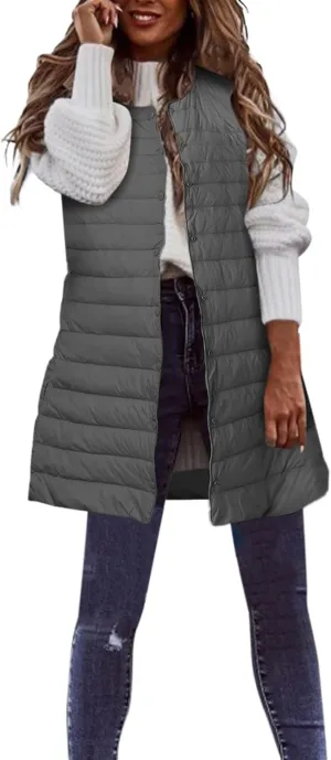 Womens Long Winter Vest Sleeveless Lightweight Puffer Jackets Fashion Slim Gilet Quilted Coat Outdoor Travel Outwear