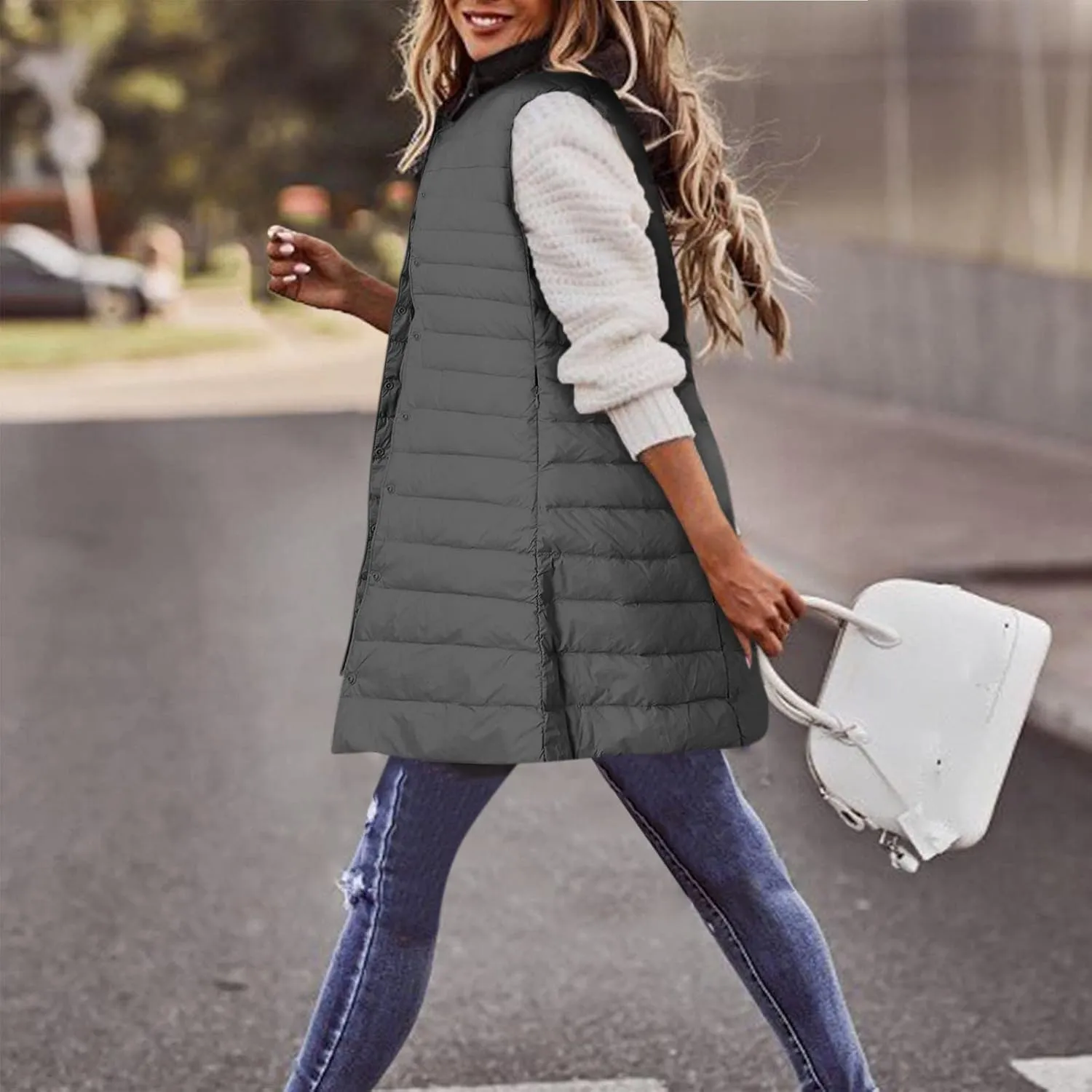 Womens Long Winter Vest Sleeveless Lightweight Puffer Jackets Fashion Slim Gilet Quilted Coat Outdoor Travel Outwear