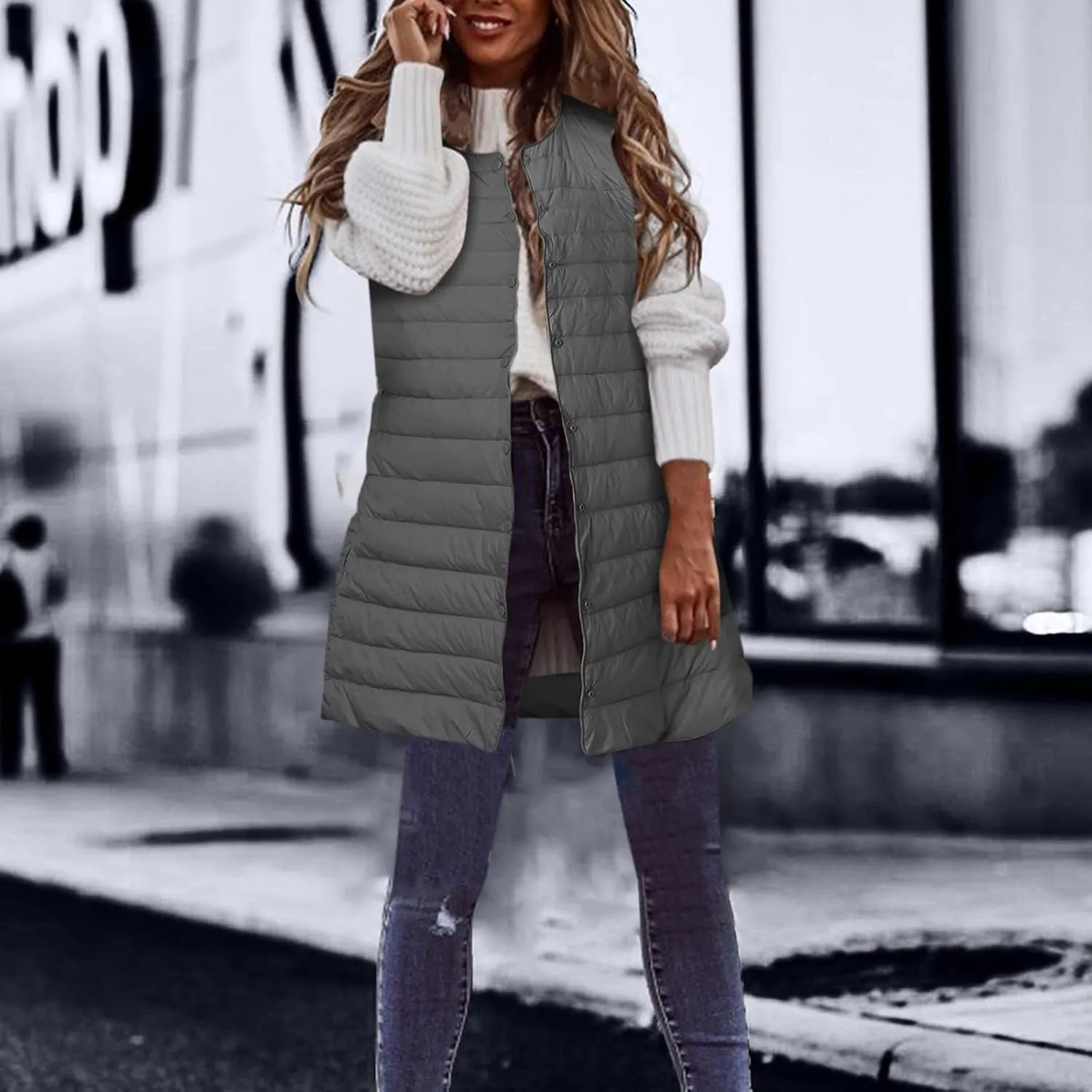 Womens Long Winter Vest Sleeveless Lightweight Puffer Jackets Fashion Slim Gilet Quilted Coat Outdoor Travel Outwear