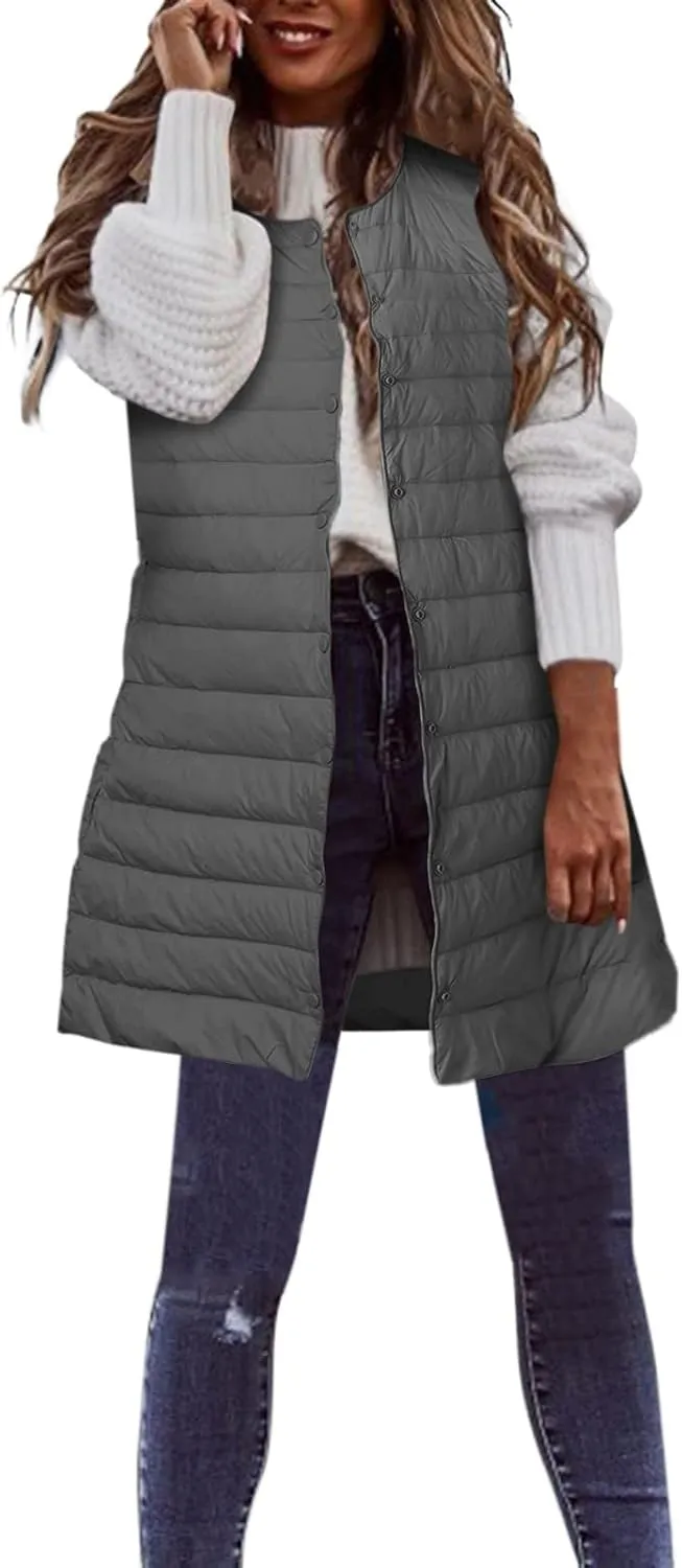 Womens Long Winter Vest Sleeveless Lightweight Puffer Jackets Fashion Slim Gilet Quilted Coat Outdoor Travel Outwear