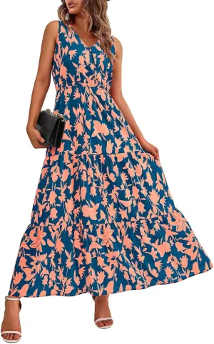 Womens Maxi Dresses Summer Smocked Dresses Sleeveless Sun Dress Bohemian Floral Dress V Neck Dresses for Wedding Guest