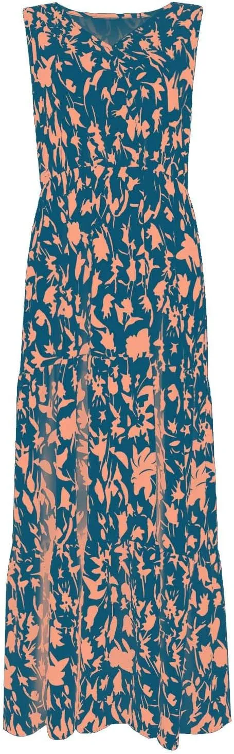 Womens Maxi Dresses Summer Smocked Dresses Sleeveless Sun Dress Bohemian Floral Dress V Neck Dresses for Wedding Guest