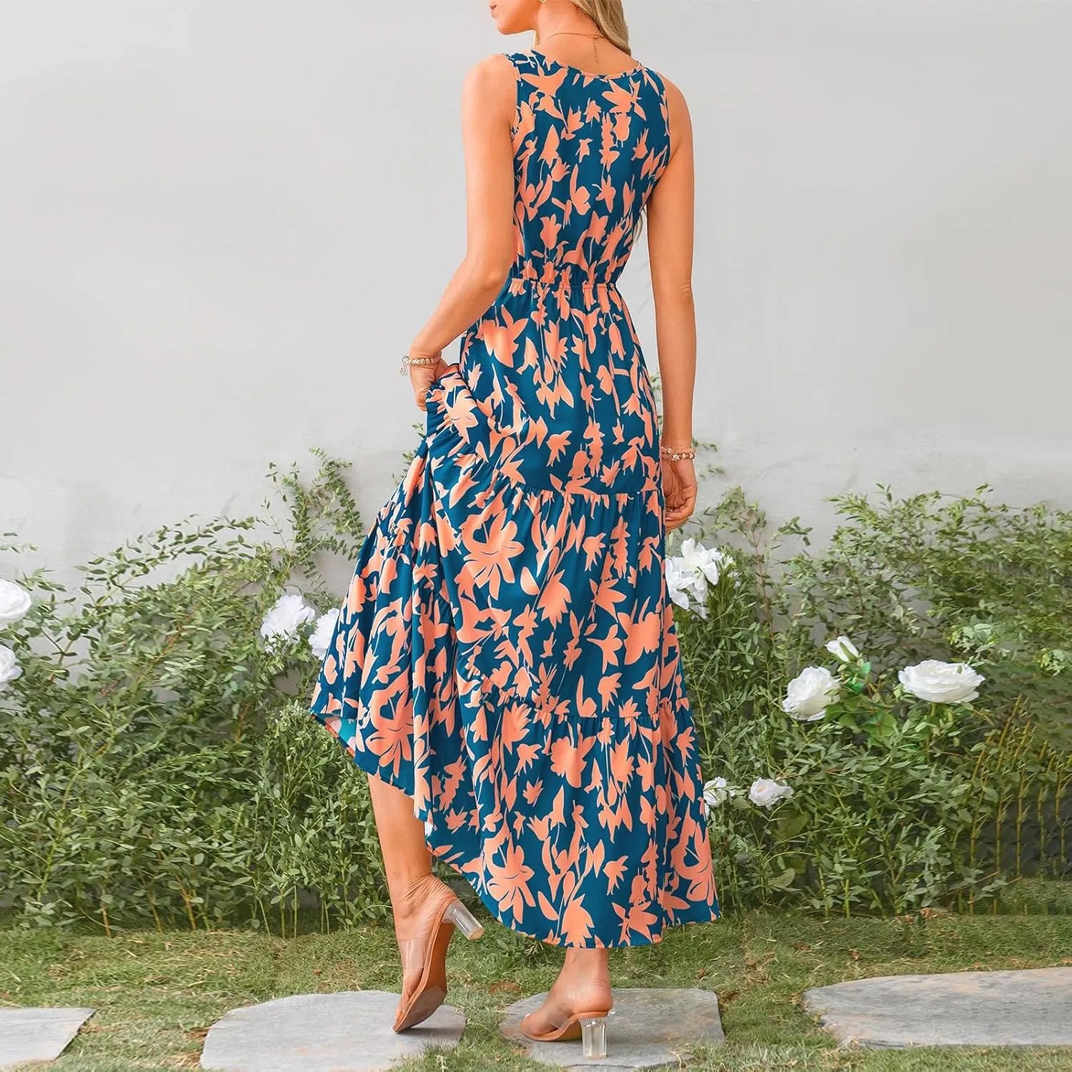 Womens Maxi Dresses Summer Smocked Dresses Sleeveless Sun Dress Bohemian Floral Dress V Neck Dresses for Wedding Guest