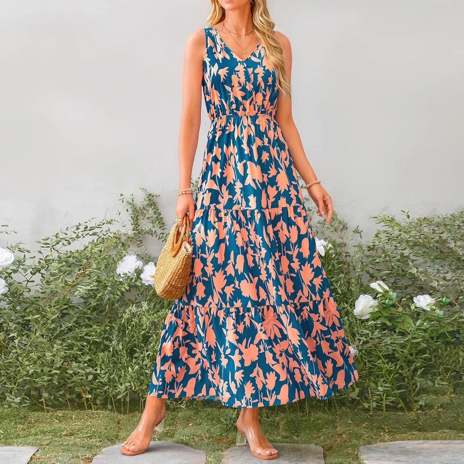 Womens Maxi Dresses Summer Smocked Dresses Sleeveless Sun Dress Bohemian Floral Dress V Neck Dresses for Wedding Guest