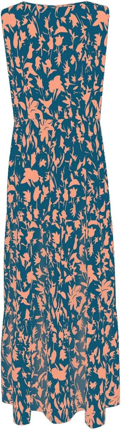 Womens Maxi Dresses Summer Smocked Dresses Sleeveless Sun Dress Bohemian Floral Dress V Neck Dresses for Wedding Guest