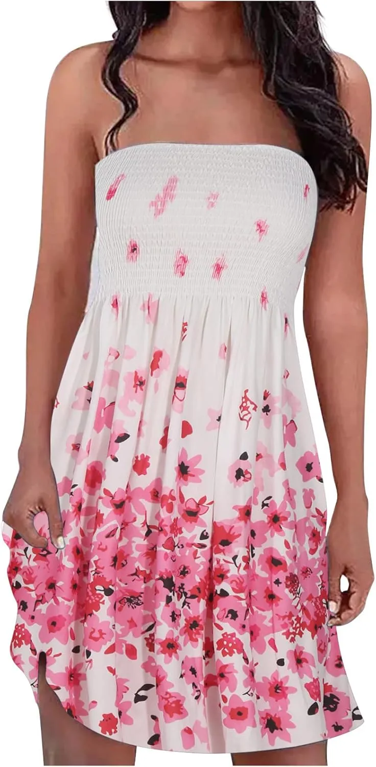 Women's Off Shoulder Dress Fashion Floral Print Pleated Short Dress Summer Beach Holiday Dress Boho Dress