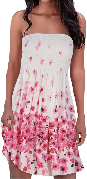 Women's Off Shoulder Dress Fashion Floral Print Pleated Short Dress Summer Beach Holiday Dress Boho Dress