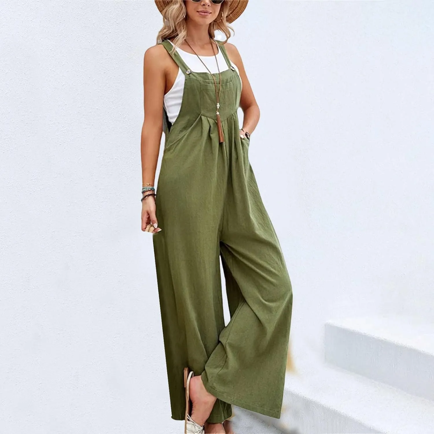 Womens Overalls Casual Linen Sleeveless Wide Leg Straps Bib Jumpsuit Summer Boho Baggy Rompers with Pockets