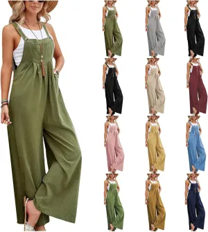 Womens Overalls Casual Linen Sleeveless Wide Leg Straps Bib Jumpsuit Summer Boho Baggy Rompers with Pockets