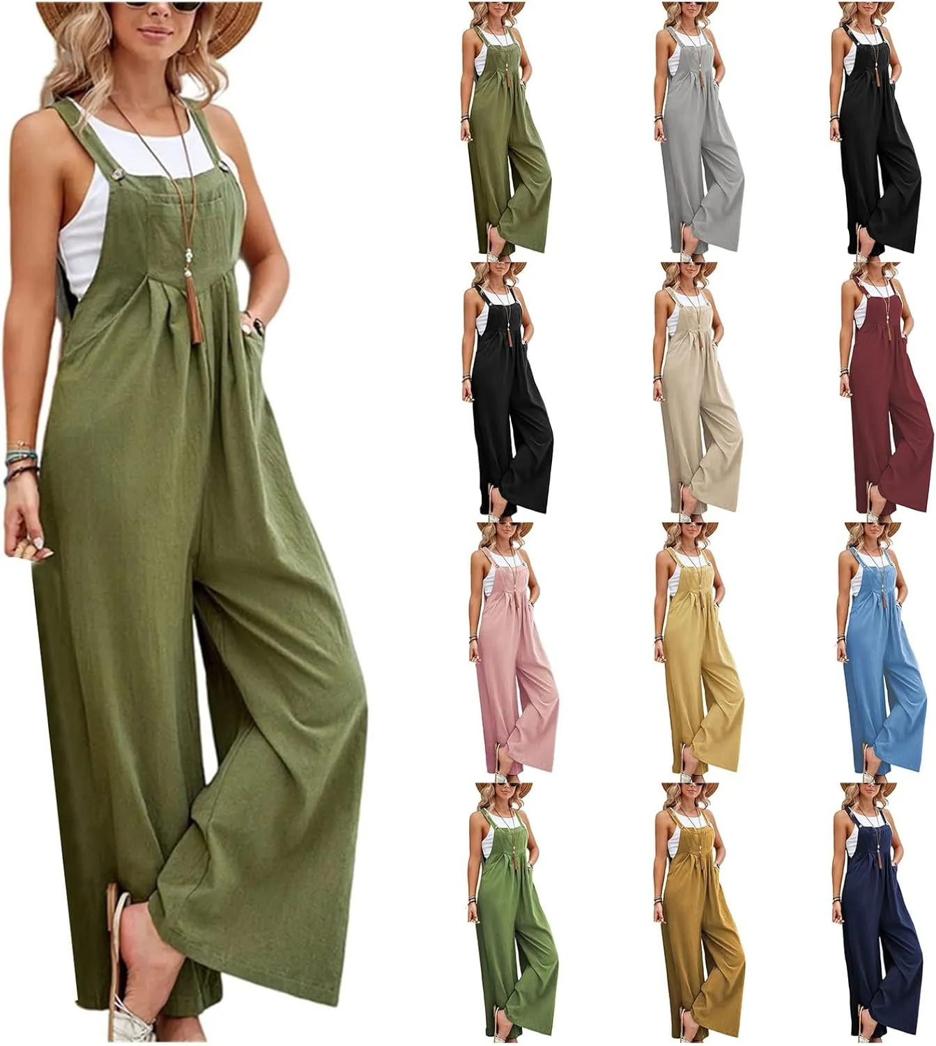 Womens Overalls Casual Linen Sleeveless Wide Leg Straps Bib Jumpsuit Summer Boho Baggy Rompers with Pockets