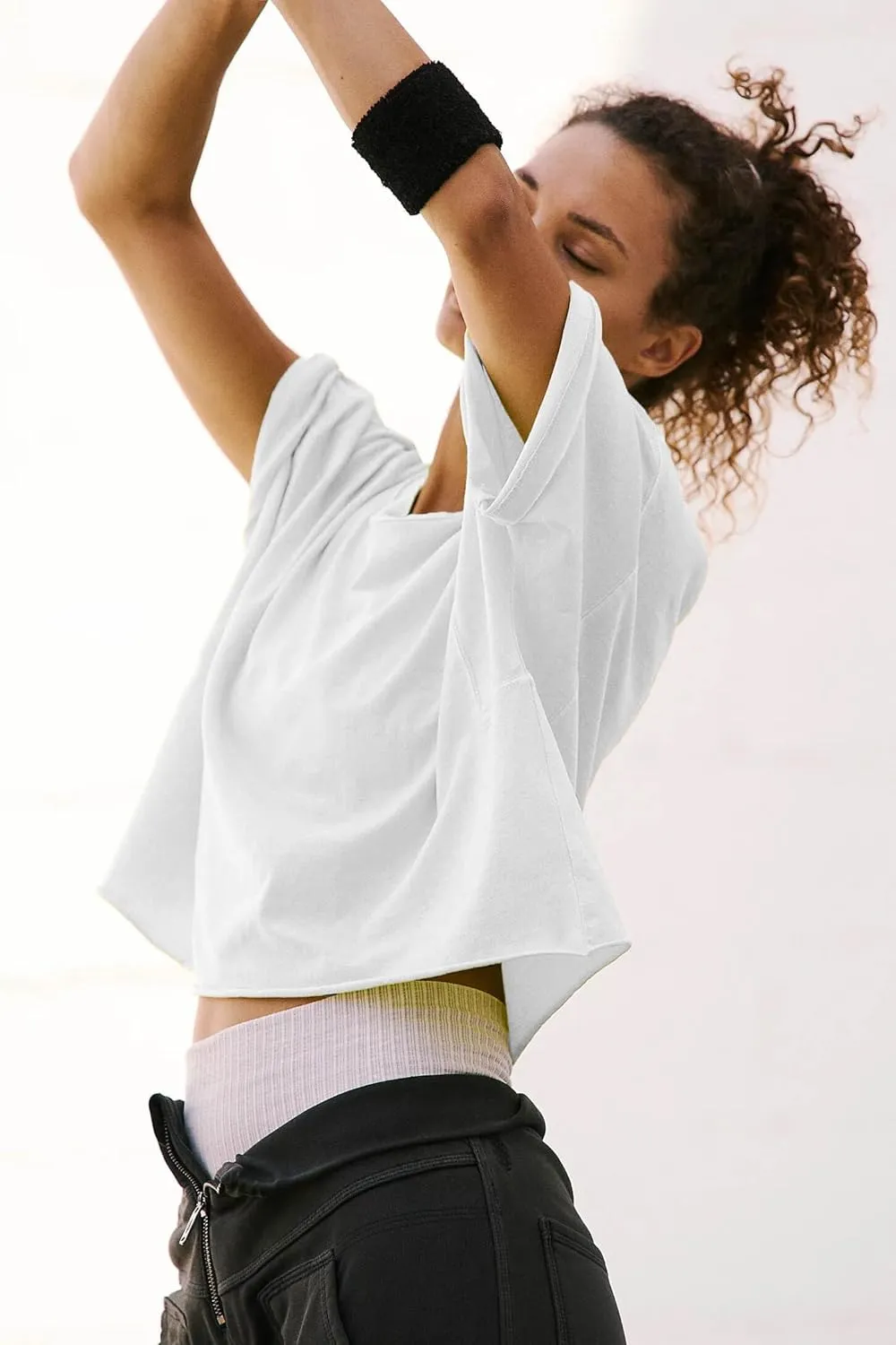 Women's Oversized Crop Tops Roll Hem Half Sleeve T-Shirts Drop Shoulder Casual Summer Tops