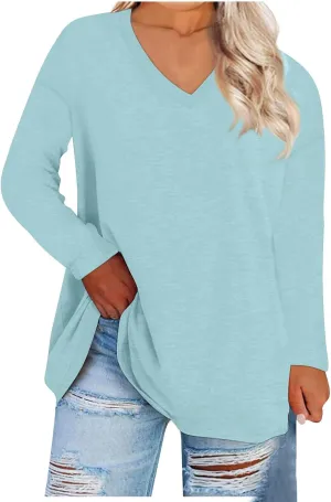 Womens Oversized Tee Shirts Long Sleeve Solid Color Crew Neck Plus Size Tops for Women Cute Tops for Women