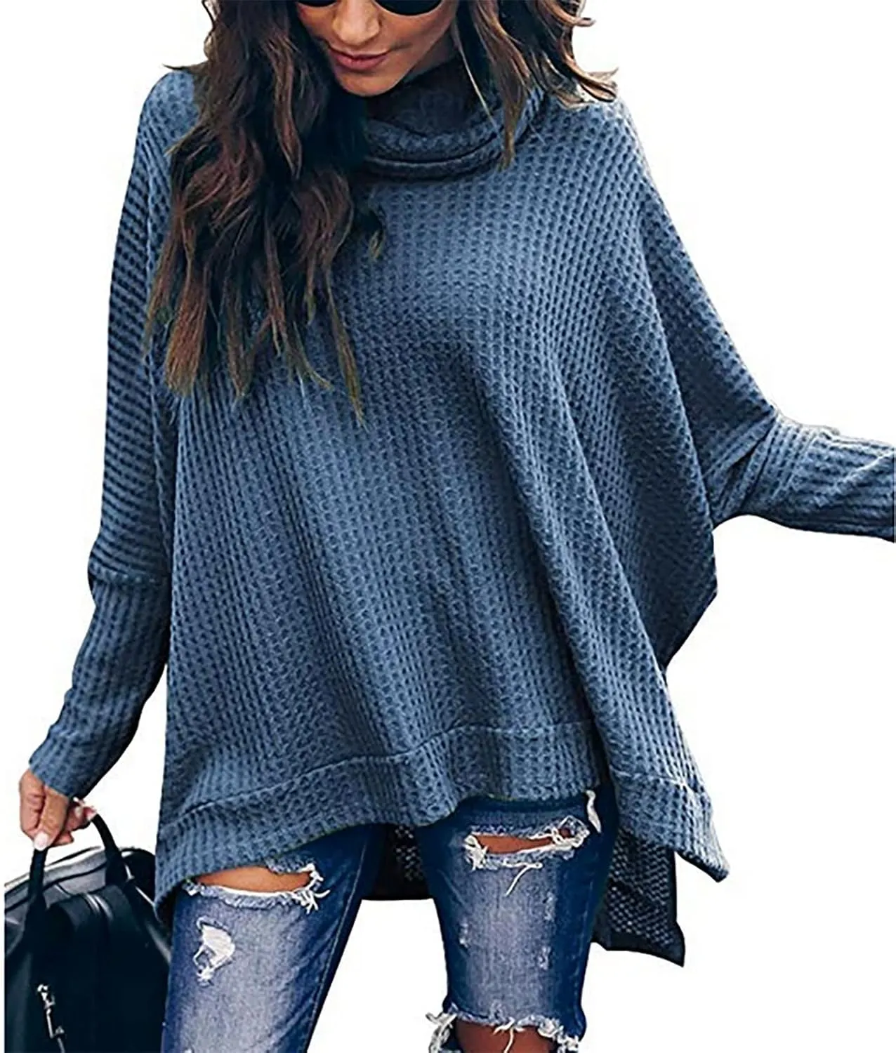 Women's Oversized Tops Waffle Knit Batwing Sleeve Turtleneck Sweater Shirts High Low Irregular Hem Side Slit Blouses