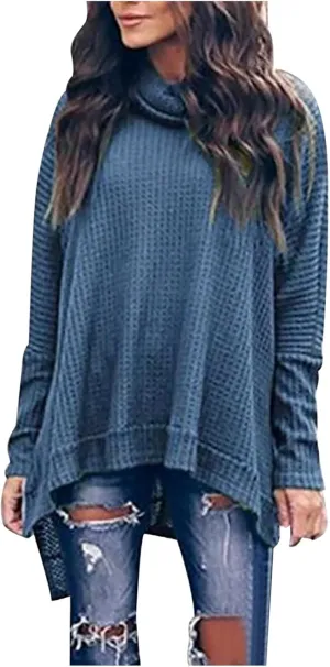 Women's Oversized Tops Waffle Knit Batwing Sleeve Turtleneck Sweater Shirts High Low Irregular Hem Side Slit Blouses