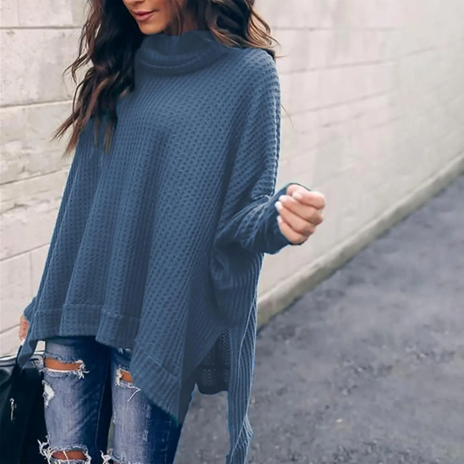 Women's Oversized Tops Waffle Knit Batwing Sleeve Turtleneck Sweater Shirts High Low Irregular Hem Side Slit Blouses