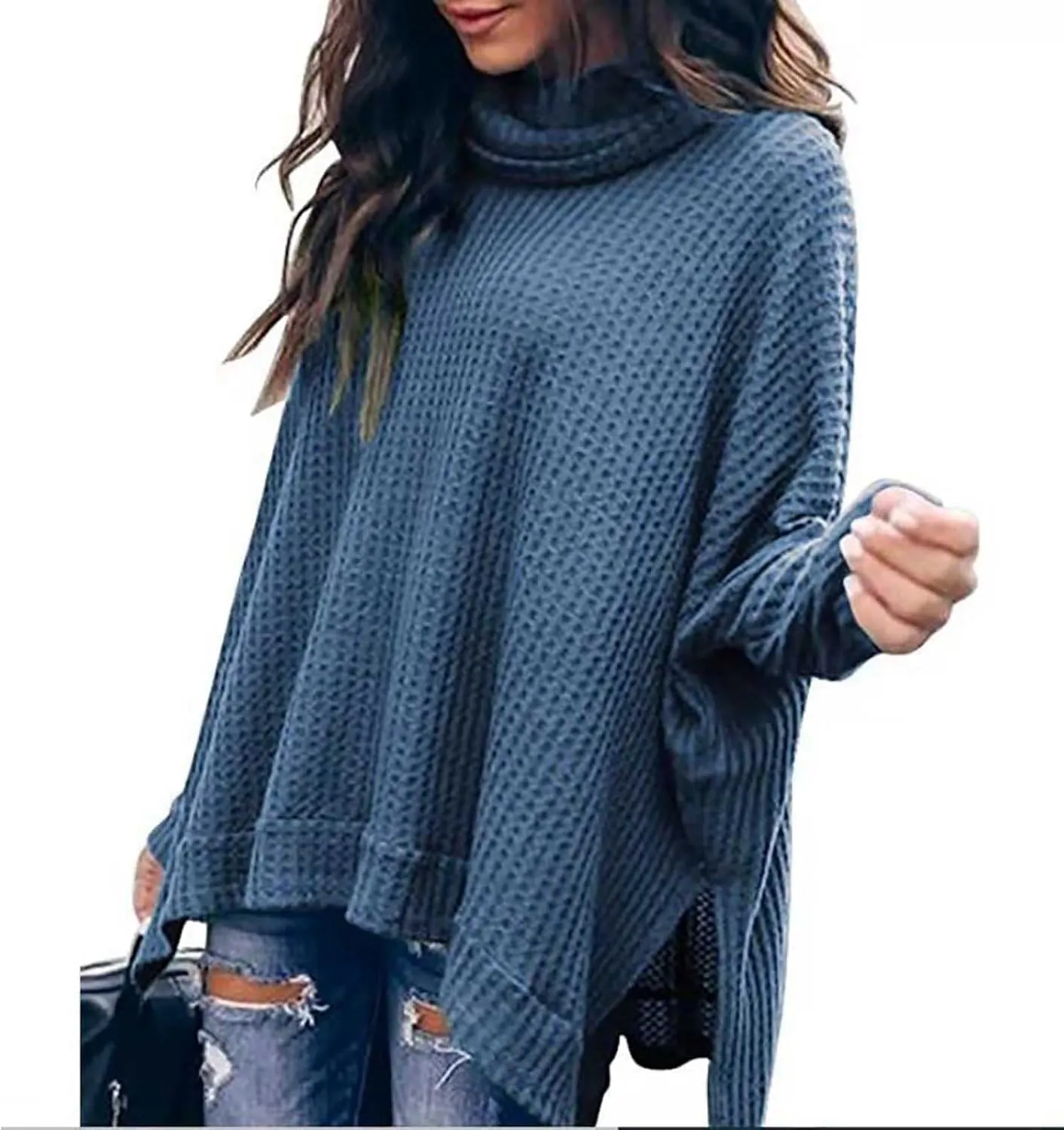 Women's Oversized Tops Waffle Knit Batwing Sleeve Turtleneck Sweater Shirts High Low Irregular Hem Side Slit Blouses