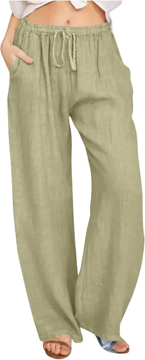 Women's Palazzo Pants Wide Leg Linen Pants Loose Flowy Pants High Waisted Summer Pants Trendy Trousers with Pockets