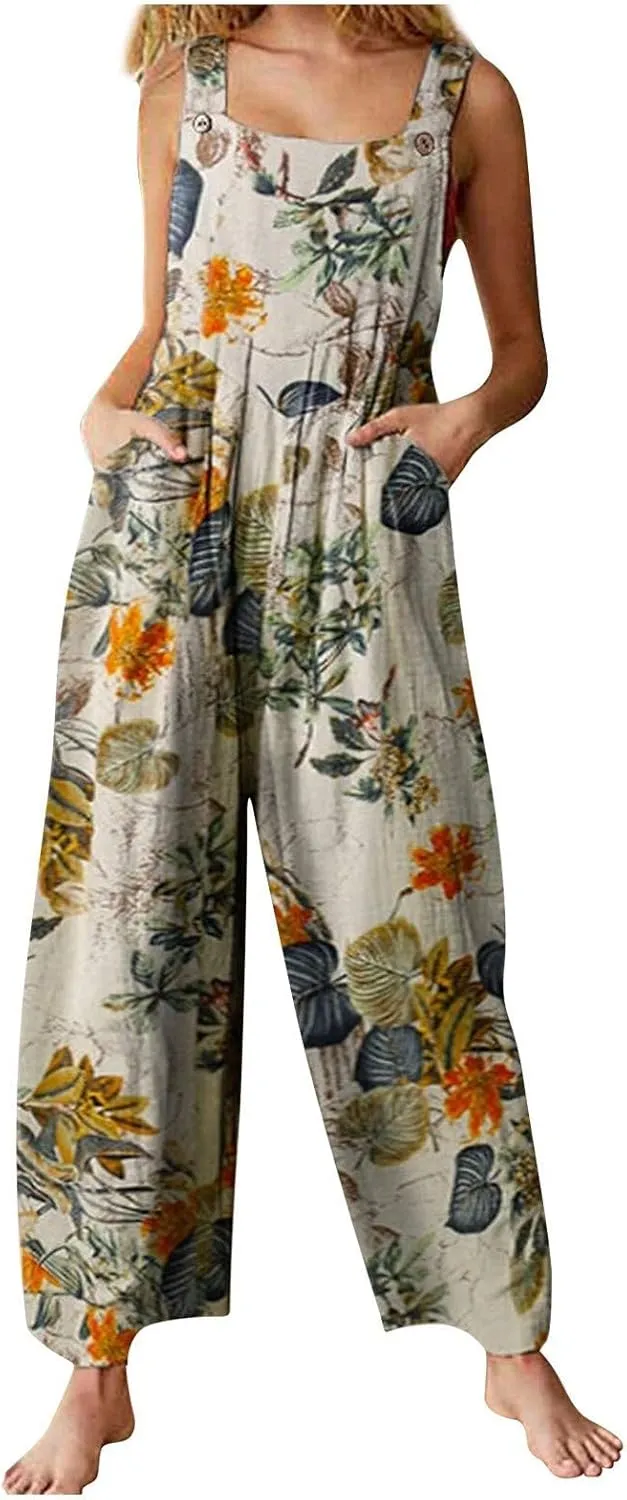 Women's Patchwork Dual Pocket Jumpsuit Loose Floral Print Bohemian Wide Leg Bib Overall