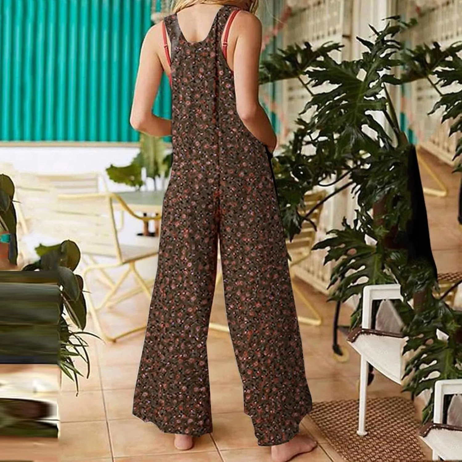 Women's Patchwork Dual Pocket Jumpsuit Loose Floral Print Bohemian Wide Leg Bib Overall