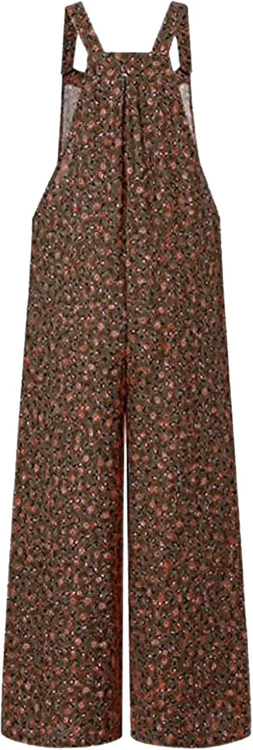 Women's Patchwork Dual Pocket Jumpsuit Loose Floral Print Bohemian Wide Leg Bib Overall