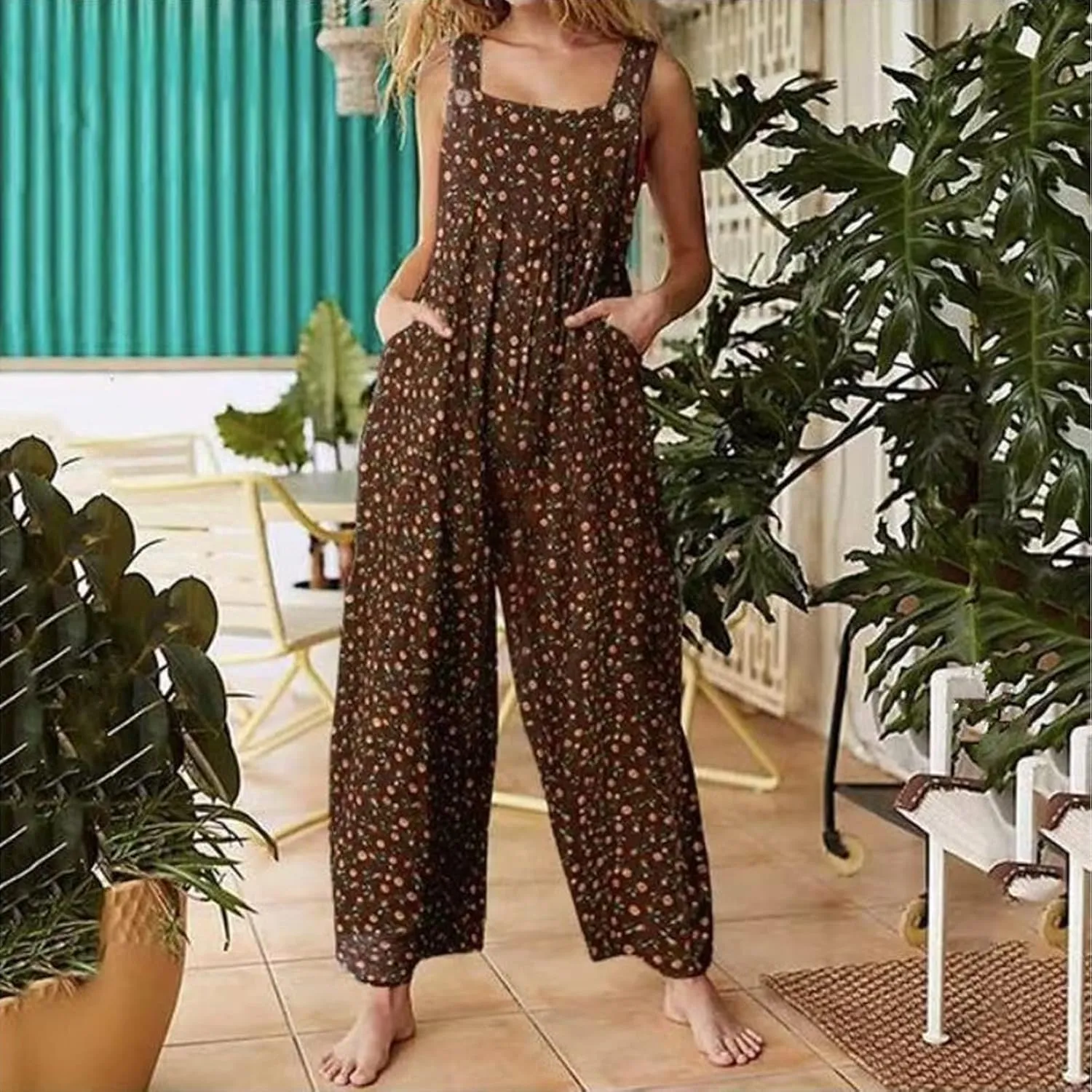 Women's Patchwork Dual Pocket Jumpsuit Loose Floral Print Bohemian Wide Leg Bib Overall