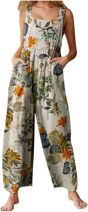 Women's Patchwork Dual Pocket Jumpsuit Loose Floral Print Bohemian Wide Leg Bib Overall