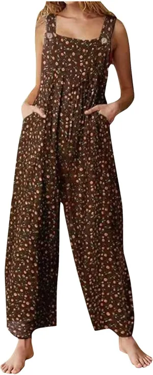 Women's Patchwork Dual Pocket Jumpsuit Loose Floral Print Bohemian Wide Leg Bib Overall