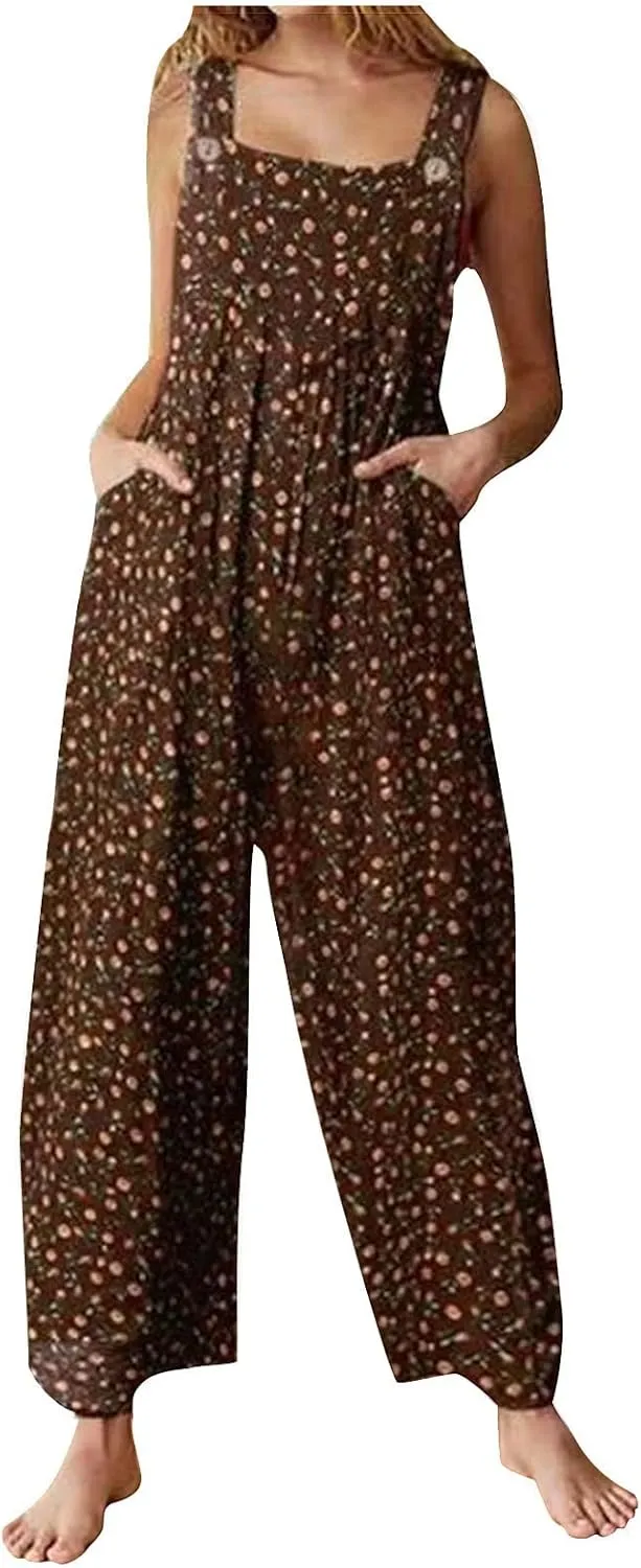 Women's Patchwork Dual Pocket Jumpsuit Loose Floral Print Bohemian Wide Leg Bib Overall