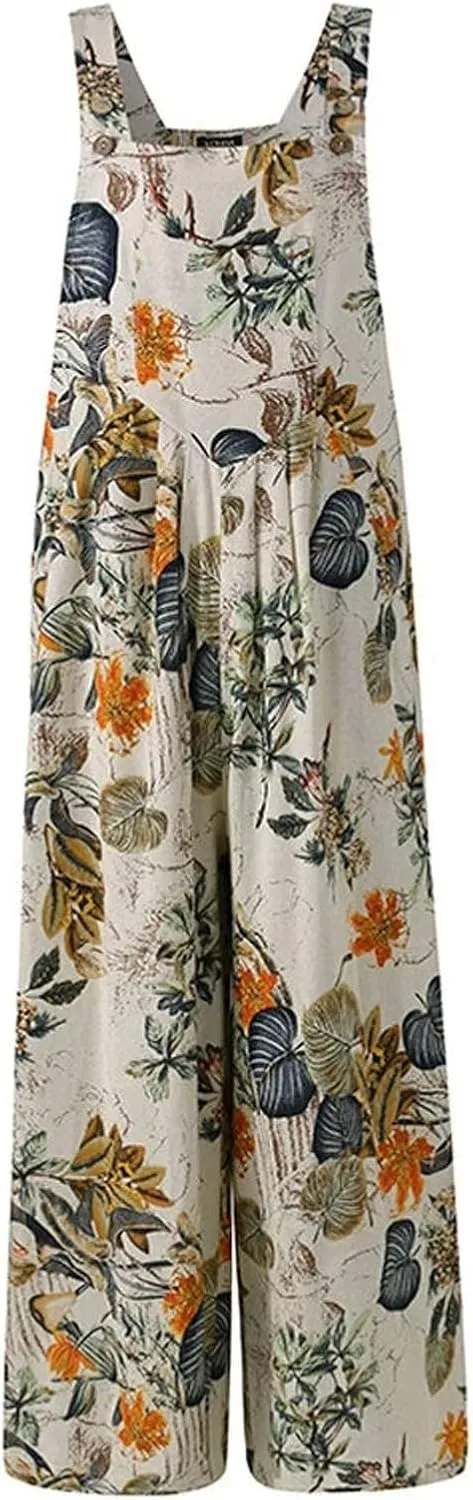 Women's Patchwork Dual Pocket Jumpsuit Loose Floral Print Bohemian Wide Leg Bib Overall