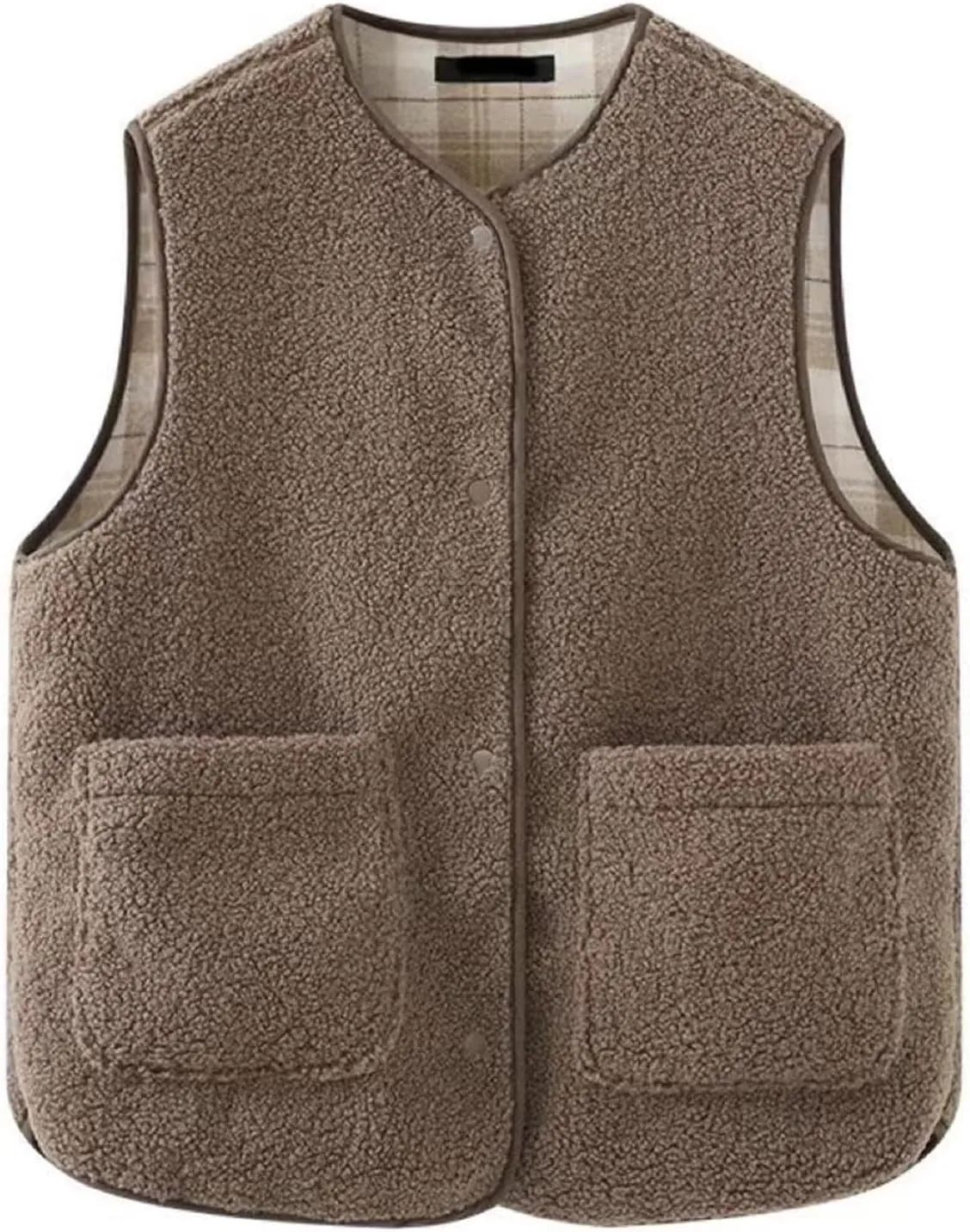 Womens Reversible Plaid Sherpa Vest Fuzzy Fleece Jacket Lightweight Cozy Sleeveless Cardigan Button Up Waistcoat Gilet