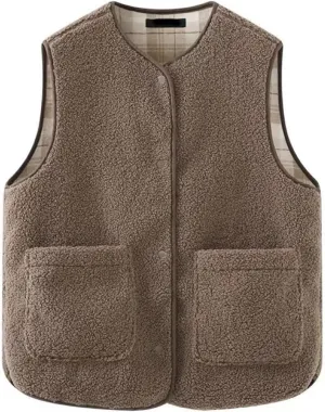 Womens Reversible Plaid Sherpa Vest Fuzzy Fleece Jacket Lightweight Cozy Sleeveless Cardigan Button Up Waistcoat Gilet
