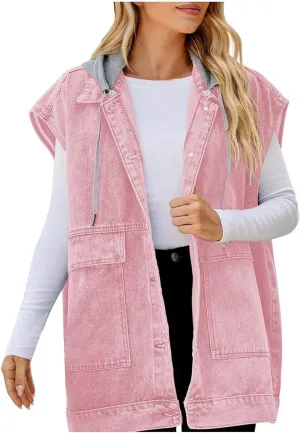 Women’s Sleeveless Hooded Denim Jacket Hoodie Casual Oversized Button Mid-Long Casual Denim Vest With Detachable Hood