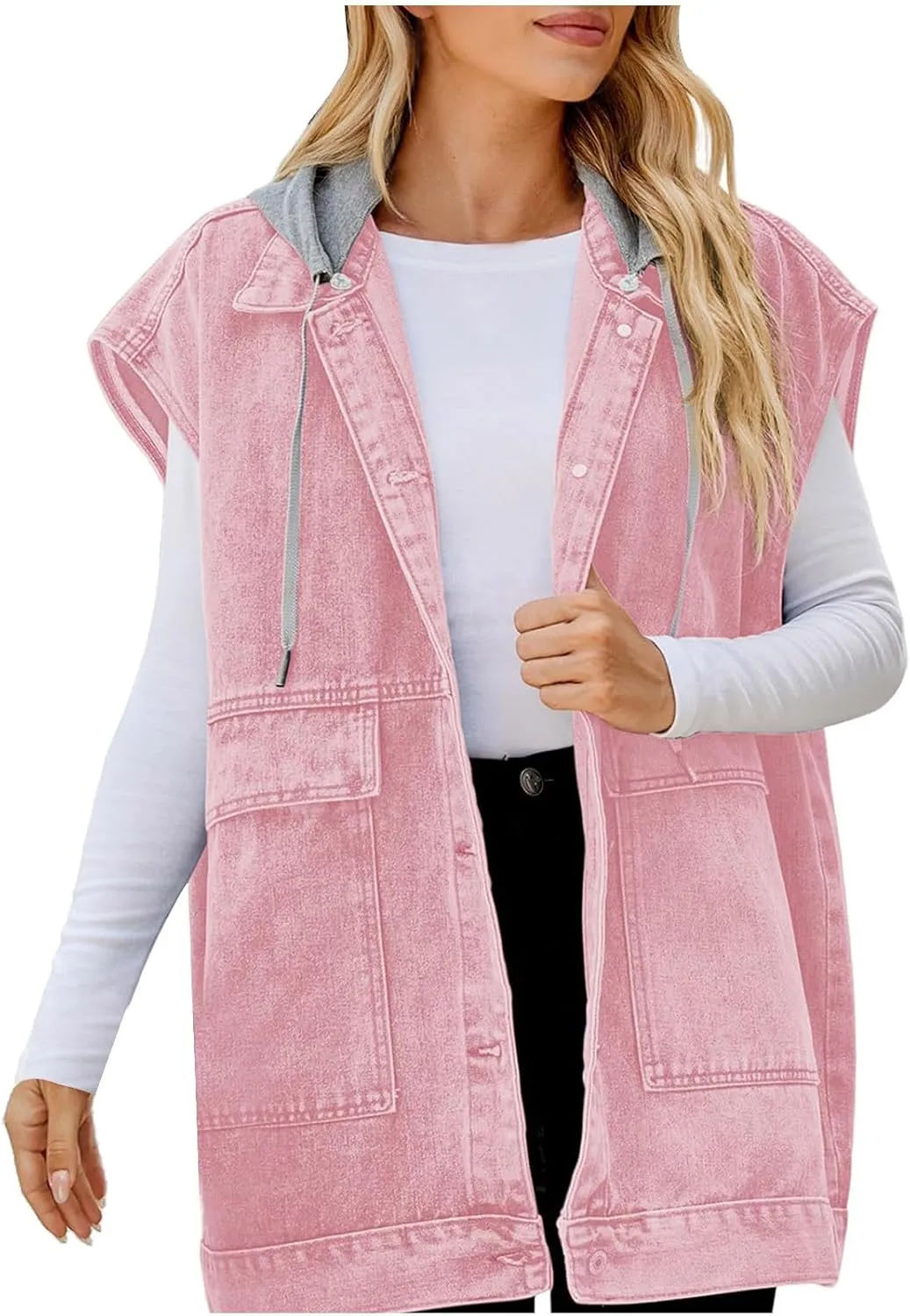 Women’s Sleeveless Hooded Denim Jacket Hoodie Casual Oversized Button Mid-Long Casual Denim Vest With Detachable Hood