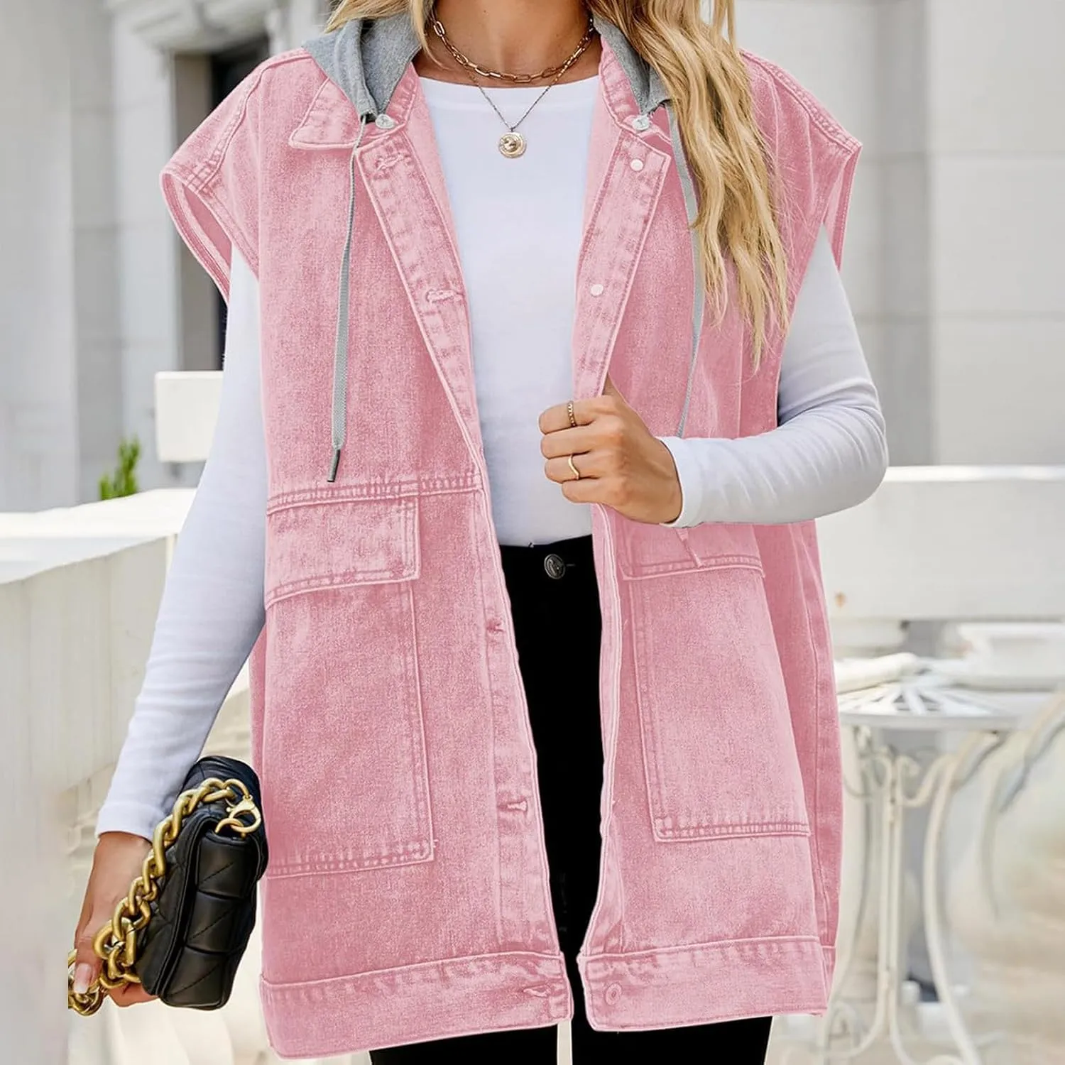 Women’s Sleeveless Hooded Denim Jacket Hoodie Casual Oversized Button Mid-Long Casual Denim Vest With Detachable Hood