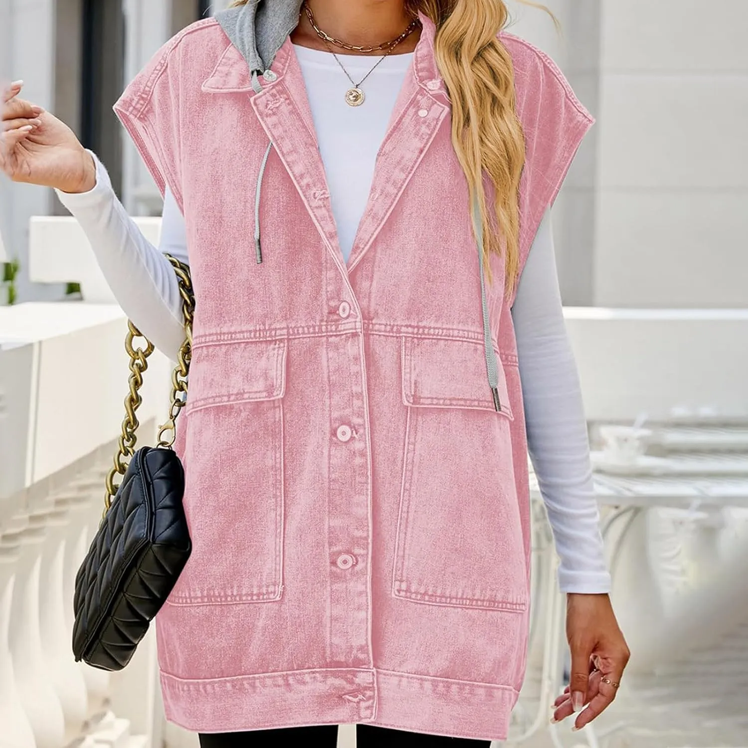 Women’s Sleeveless Hooded Denim Jacket Hoodie Casual Oversized Button Mid-Long Casual Denim Vest With Detachable Hood