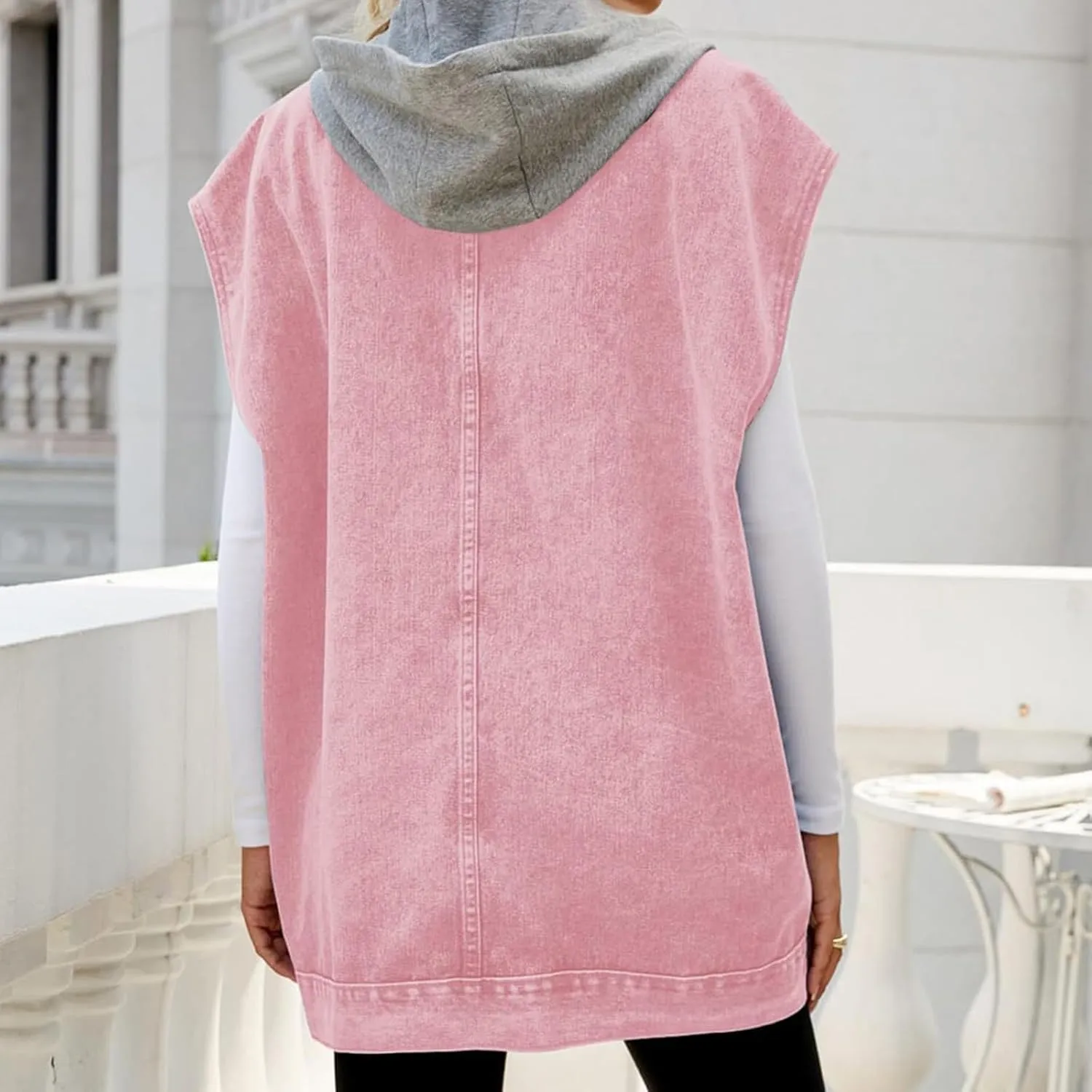 Women’s Sleeveless Hooded Denim Jacket Hoodie Casual Oversized Button Mid-Long Casual Denim Vest With Detachable Hood