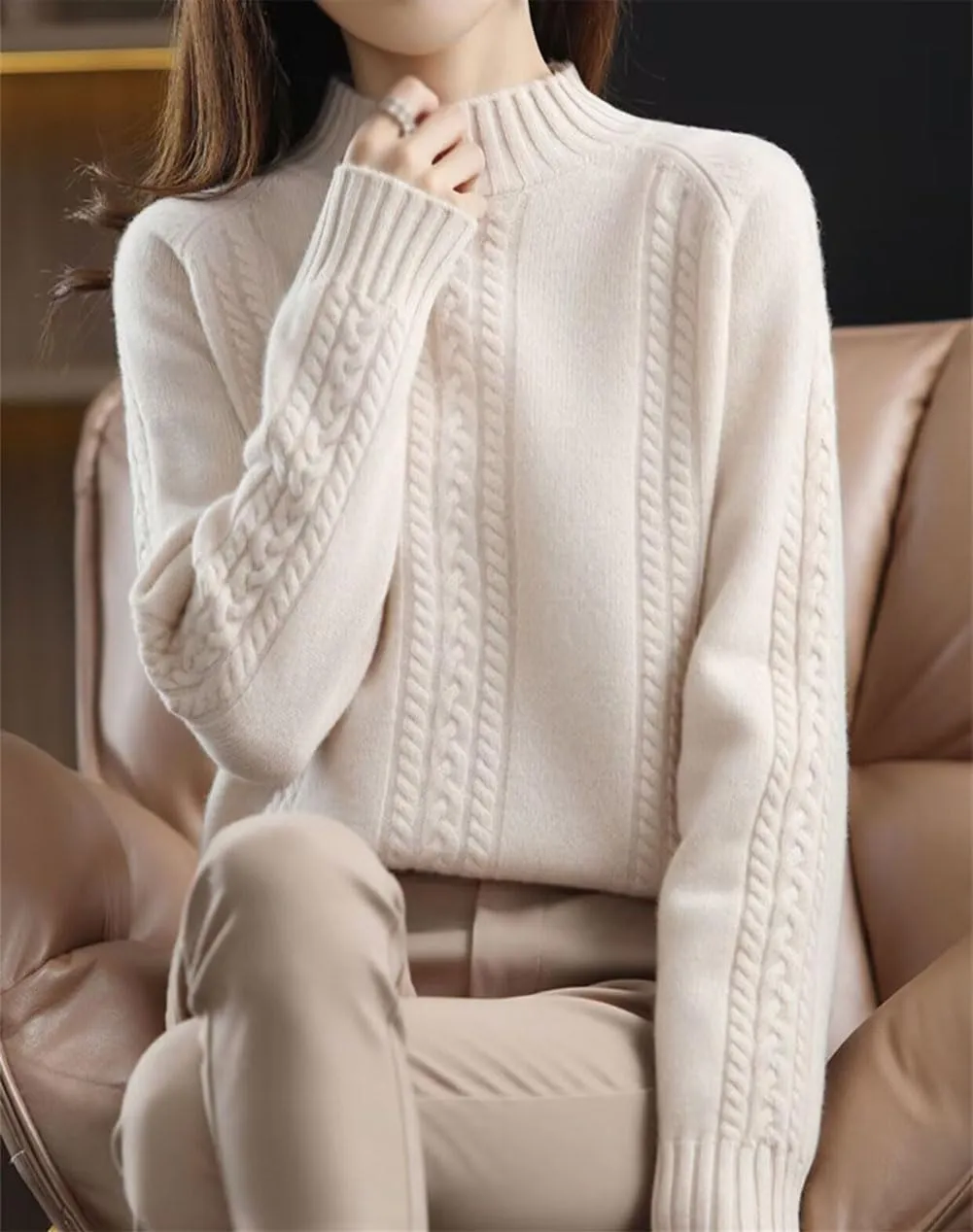Women's Soft Turtleneck Sweater, Autumn and Winter Thickened Warm Pullover Oversized Loose Knitted Sweater
