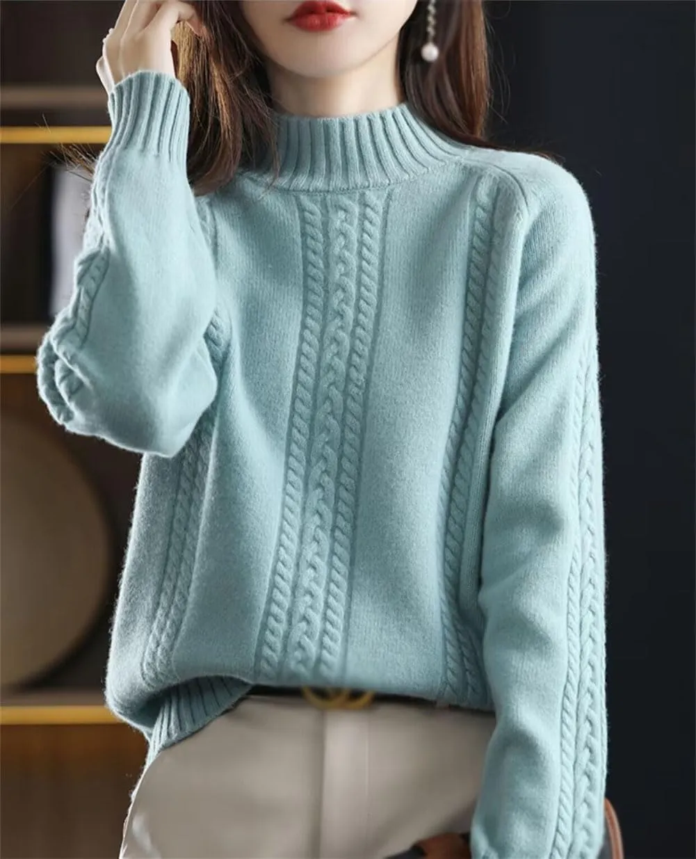 Women's Soft Turtleneck Sweater, Autumn and Winter Thickened Warm Pullover Oversized Loose Knitted Sweater