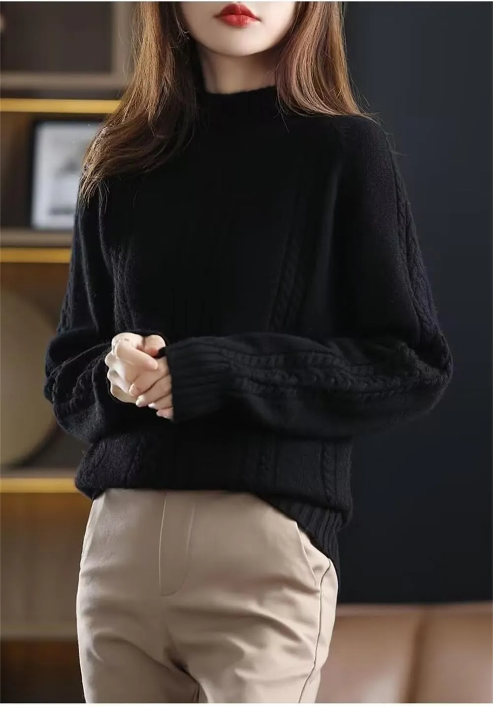 Women's Soft Turtleneck Sweater, Autumn and Winter Thickened Warm Pullover Oversized Loose Knitted Sweater