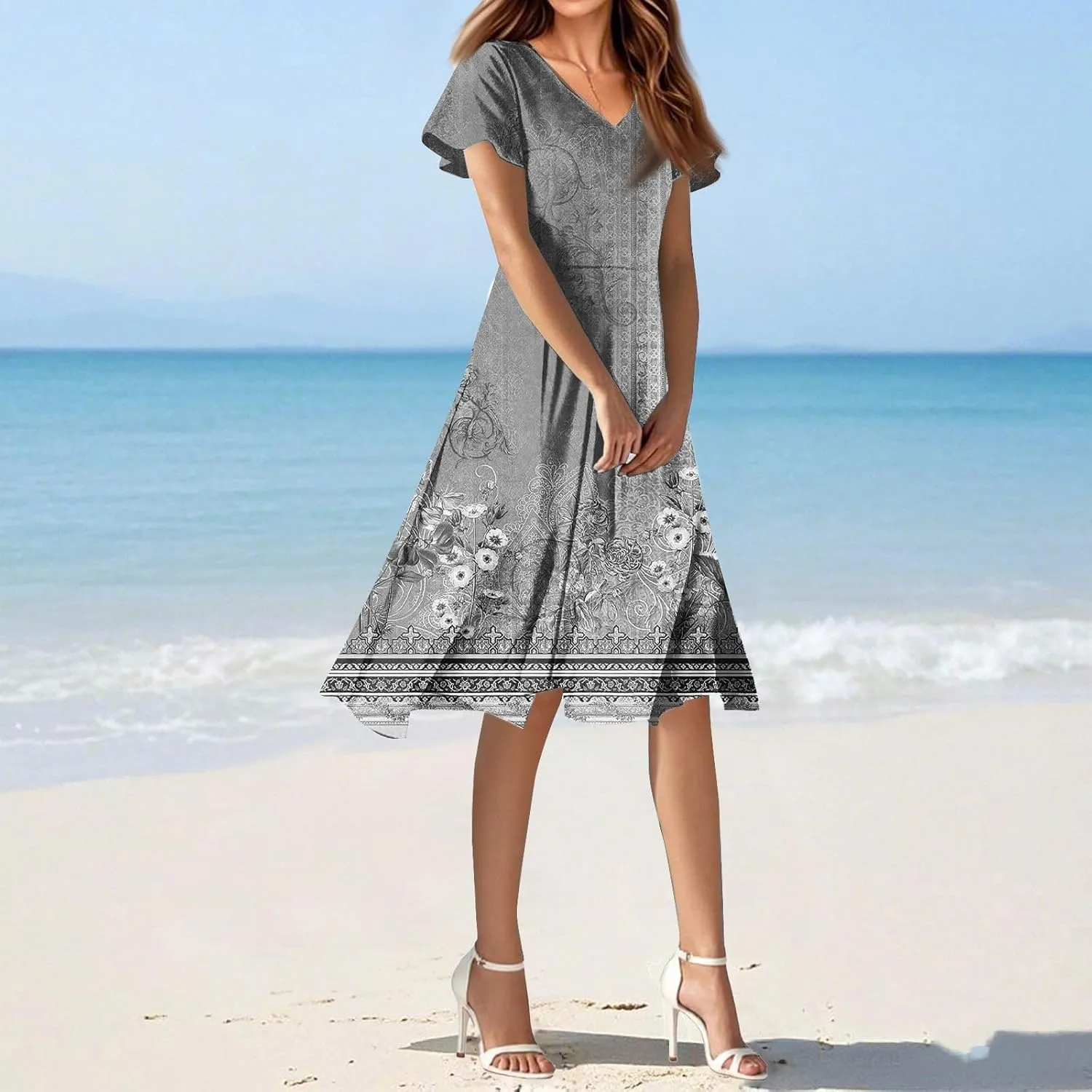 Womens Spring Dresses 2025 Floral Summer Dress for Women Elegant Casual Flowy Modest Midi Beach Dress Chiffon Dresses