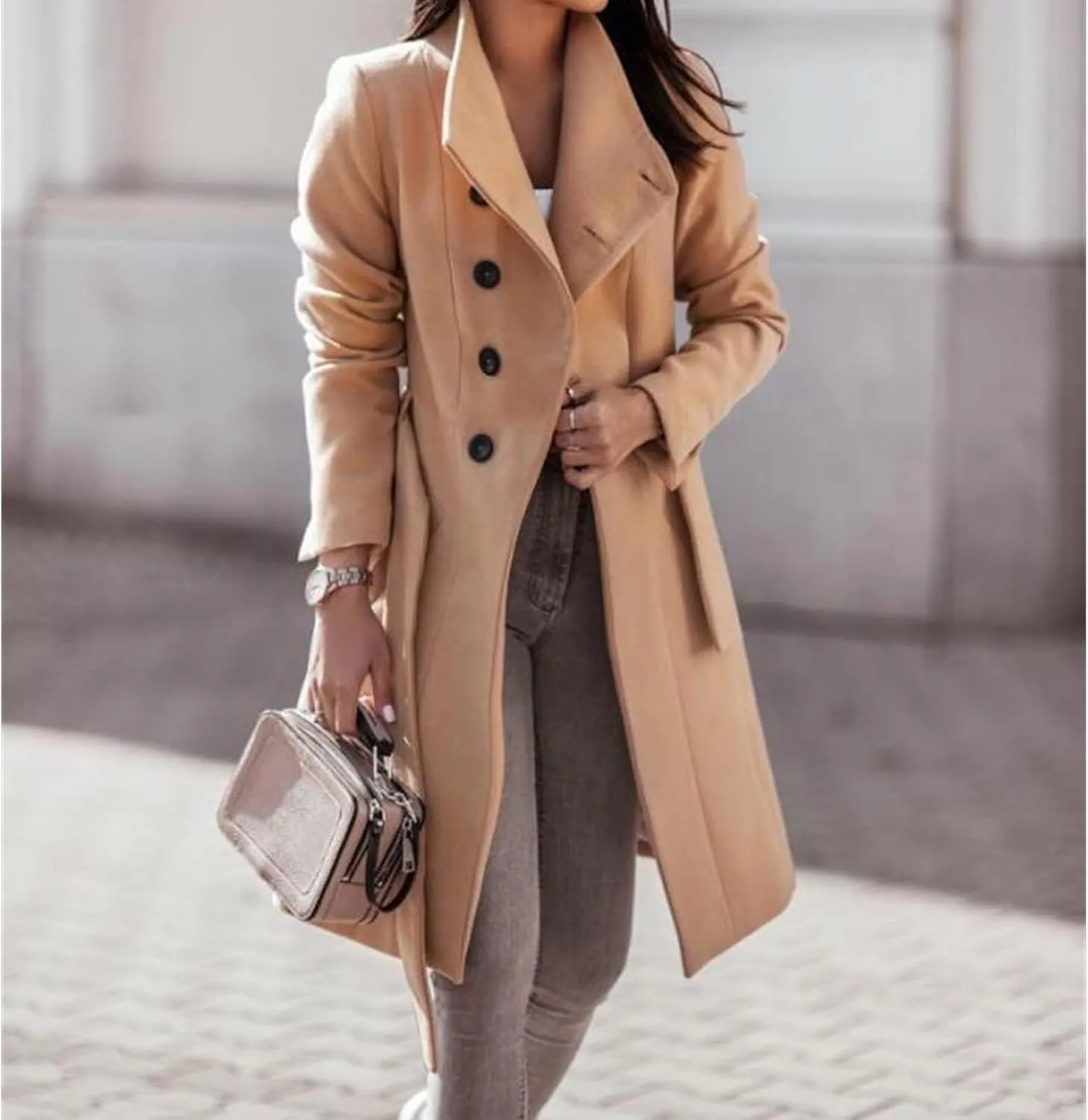 Women's Stand Collar Mid-Long Wool Blend Coat Single Breasted Fall Trendy Trench Coat Dressy Casual Outwear with Belt
