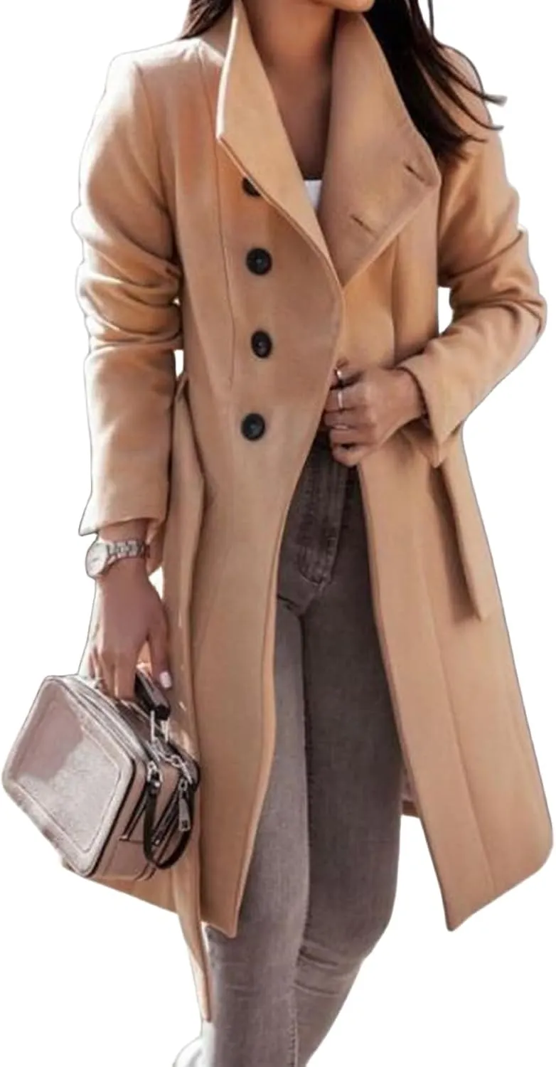 Women's Stand Collar Mid-Long Wool Blend Coat Single Breasted Fall Trendy Trench Coat Dressy Casual Outwear with Belt